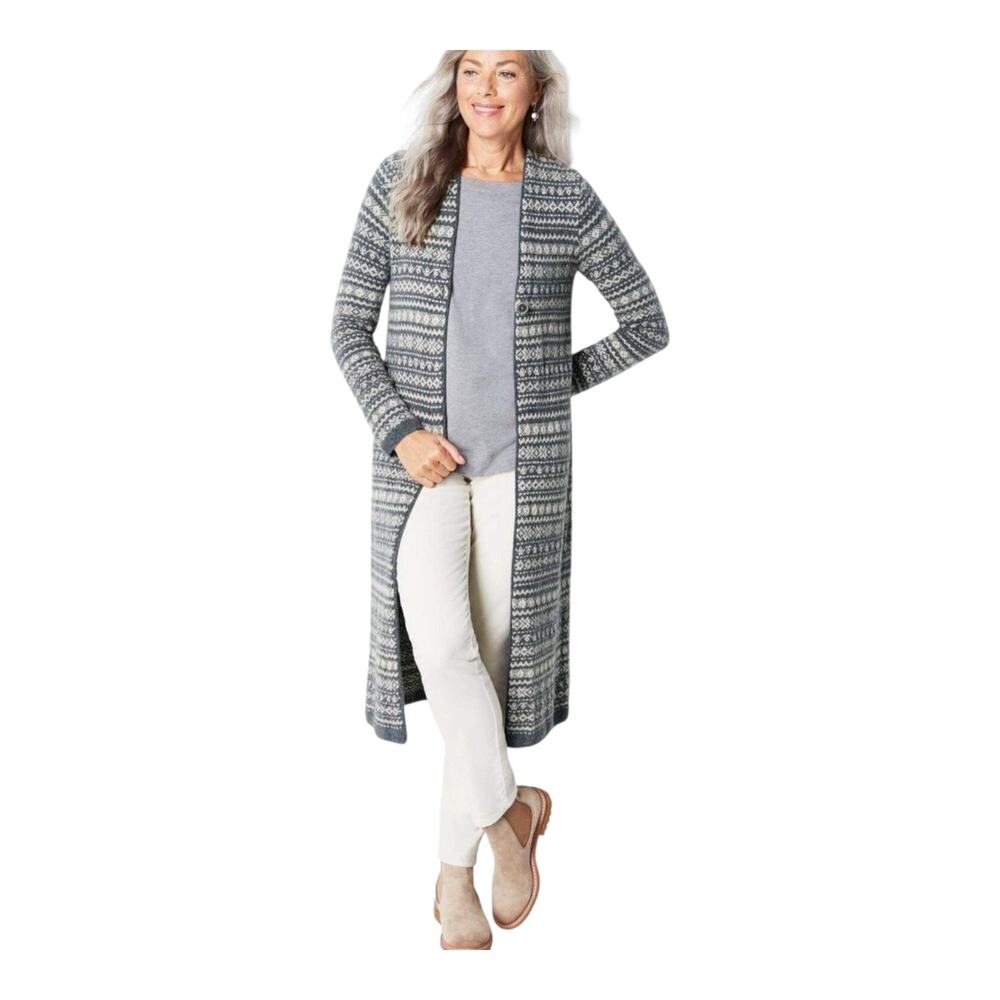 J JILL M Cardigan Sweater Duster Nordic Gray Ivory 1 Button Cotton Blend 40"